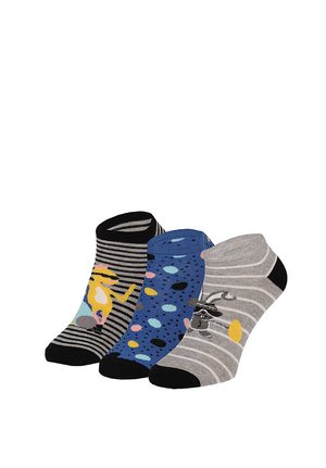Three colorful ankle socks: one gray with raccoon and crescent moon, one blue with multicolored spots, one black-striped with yellow bird.