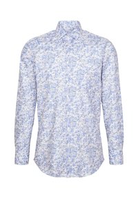Camicia a maniche lunghe in cotone bianco con un motivo floreale e geometrico blu, caratterizzata da un colletto a punta e chiusura con bottoni.