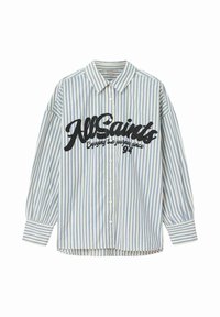 Koszula na guziki w jasnoniebieskie i białe paski. Posiada długie rękawy, kołnierzyk oraz dużą czarną graficzną grafikę na przodzie.