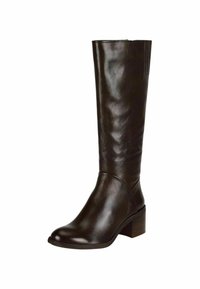 Bottines en cuir marron, montantes jusqu'au genou, avec un design épuré, un bout arrondi, un talon carré et des détails subtils sur la couture supérieure.