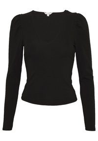 Schwarzes Langarmoberteil mit tiefem V-Ausschnitt, weicher Textur, taillierter Silhouette und gepufften Schultern. Schlichtes Design ohne Muster oder Akzente.