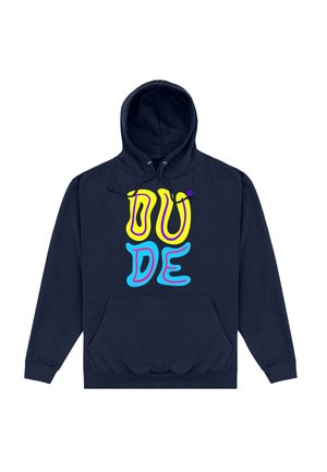 Marineblauer Hoodie mit Fronttasche und buntem "DUDE"-Schriftzug in Gelb und Blau mit pinken Umrissen auf der Brust, ausgestattet mit einer Kapuze und Kordelzug.