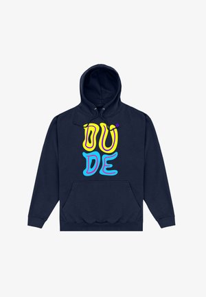 Marineblauwe hoodie met voorzak en kleurrijke "DUDE" tekst in geel en blauw met roze omlijning op de borst, voorzien van een capuchon met trekkoord.