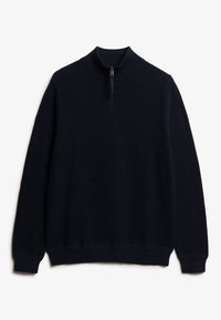 Marineblå pullover med høj krave, halv lynlås, struktureret strikkemønster samt ribbede manchetter og kant.