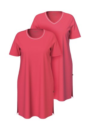 Zwei knielange rote Kleider mit kurzen Ärmeln; eines hat einen Rundhalsausschnitt und ist einfarbig, das andere einen V-Ausschnitt mit kleinen weißen Punkten.