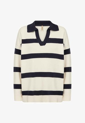 Gestreepte pullover in ivoor met marineblauwe horizontale strepen, voorzien van een geribbelde V-halshals en manchetten, gemaakt van een zacht gebreid materiaal.