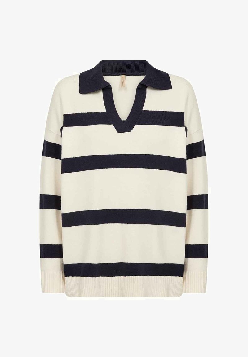 Gestreepte pullover in ivoor met marineblauwe horizontale strepen, voorzien van een geribbelde V-halshals en manchetten, gemaakt van een zacht gebreid materiaal.