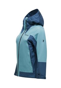 Lichte, two-tone jas in blauwe tinten, met een rits aan de voorkant, een verstelbare capuchon en logo-accenten. Gladde textuur.