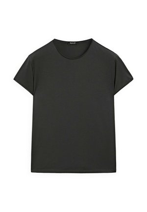 Schwarzes T-Shirt mit kurzen Ärmeln aus weichem Stoff, mit Rundhalsausschnitt und lockerer Passform, in klaren, einfachen Linien und ohne Muster.