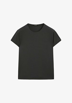 Schwarzes T-Shirt mit kurzen Ärmeln aus weichem Stoff, mit Rundhalsausschnitt und lockerer Passform, in klaren, einfachen Linien und ohne Muster.