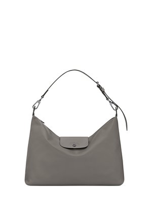 Gray leather shoulder bag with adjustable strap and small front flap pocket secured by a snap button.