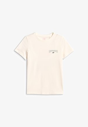 T-shirt à manches courtes couleur crème avec col rond et petit texte "EXPLORE" ainsi que logo "4F" sur le côté gauche de la poitrine.