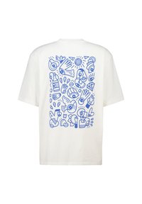White cotton t-shirt featuring a large blue graphic design with abstract shapes, hands, and faces on the back. Crew neckline, short sleeves.