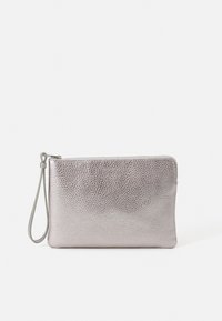 Metallic silver pouch made of textured leather with a zip closure and attached wrist strap for easy carrying. Smooth interior lining.