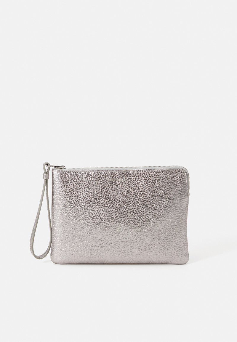 Metallic silver pouch made of textured leather with a zip closure and attached wrist strap for easy carrying. Smooth interior lining.