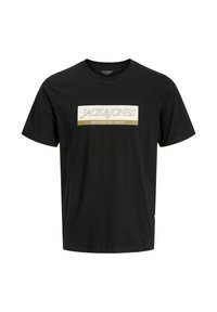 Sort bomulds t-shirt med et rektangulært guld- og hvidt grafisk design med "JACK & JONES" og "SINCE NINETEEN NINETY." Korte ærmer og rund hals.