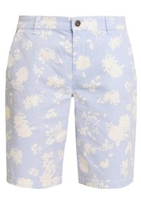 Lichtblauwe shorts met witte bloemmotieven, gemaakt van een katoenmix. Heeft een knoopsluiting en een nette afwerking aan de zoom.