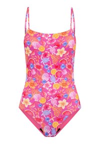 Maillot de bain rose avec de fines bretelles, orné d'un motif tropical coloré de fleurs, de coquillages et de la vie marine. Tissu lisse et extensible.