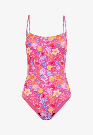 Maillot de bain rose avec de fines bretelles, orné d'un motif tropical coloré de fleurs, de coquillages et de la vie marine. Tissu lisse et extensible.