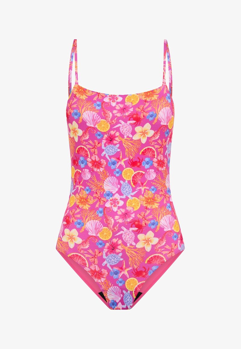 Maillot de bain rose avec de fines bretelles, orné d'un motif tropical coloré de fleurs, de coquillages et de la vie marine. Tissu lisse et extensible.