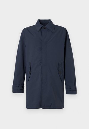 Tmavě modrý kabát z látky s hladkou strukturou, s límcem, zapínáním na knoflíky vpředu, dvěma bočními kapsami a detaily na manžetách.