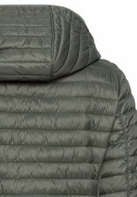 Lightweight puffer jacket in olive green. Features quilted pattern, a hood, and smooth, shiny fabric with a slightly textured finish.