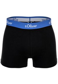 Schwarze Boxershorts mit einem blauen elastischen Bund, der mit "s.Oliver" beschriftet ist, aus glattem Stoff und im figurbetonten Design.