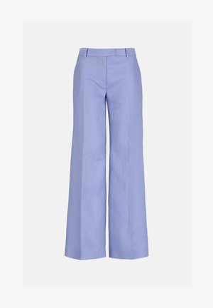 Svetlomodré široké nohavice s opaskovými očkami a detailom vpredu na šve, zobrazené na bielom pozadí.