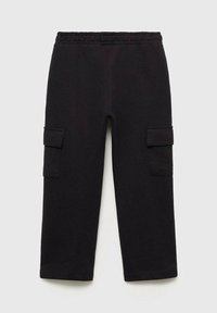 Svarta cargobyxor i mjukt material har ett elastiskt midjeband, sidofickor och en avslappnad passform med uppvikta nederkanter.