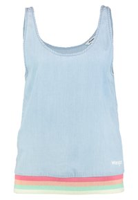 Canottiera senza maniche di colore azzurro chiaro con scollatura rotonda e orlo a coste a strisce in colori pastello. Tessuto morbido.