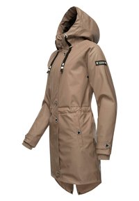 Beige waterproof jacket with a hood, front buttons, and side pockets. Features a cinched waist and contrasting black drawstrings. Soft texture.