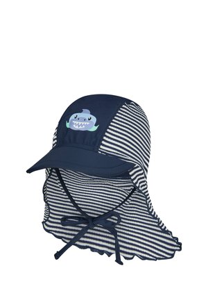 Baby-Sonnenschutzmütze in Marineblau und Weiß mit Nackenklappe, Kinnbändern und einer Cartoon-Haifigur auf der Vorderseite.