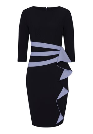 Robes noires à manches trois quarts, avec une volée superposée lilas à la taille, un design structuré et une fermeture éclair au dos.