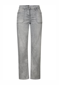 Grijze denim broek met een rechte pijpdesign, voorzien van zijzakken, riemlussen en een knoopsluiting. Glad textuur met vervaagde gebieden.