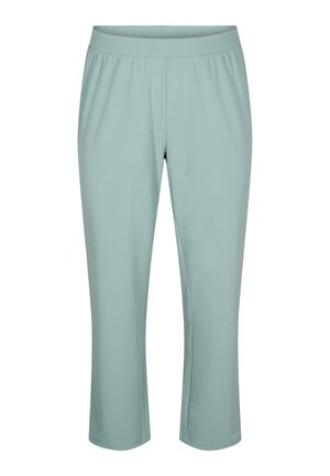 Light green, stretchy cotton blend capri pants with an elastic waistband, featuring a smooth texture and no visible patterns or accents.