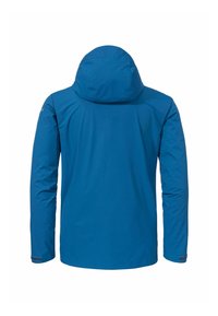 Chaqueta impermeable azul con capucha, mangas largas y una textura suave. El diseño incluye costuras mínimas y puños ajustables.