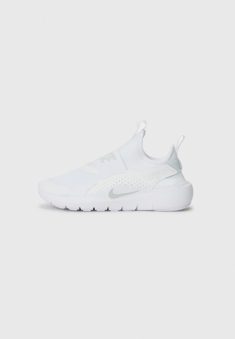 White athletic shoe with a snug, sock-like upper, glossy accents, perforated design, and a thick white sole featuring a grey logo.
