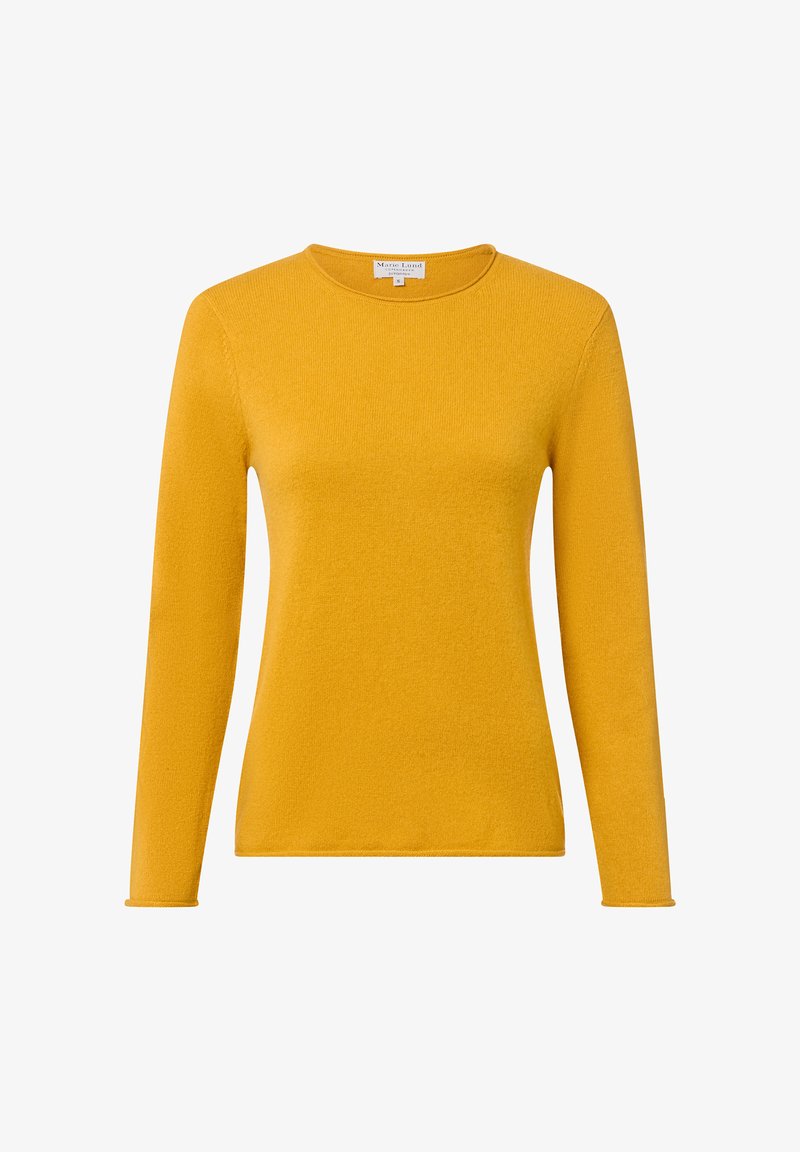 Pull-over à manches longues en jaune moutarde avec une texture tricotée douce, effectué à plat sur un fond blanc.