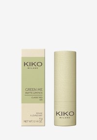 KIKO Milano Green Me Matt Lipstick in Classic Red, 4g. Tube in strukturiertem hellgrün mit passender Box in grün akzentuiert und mit Branding.