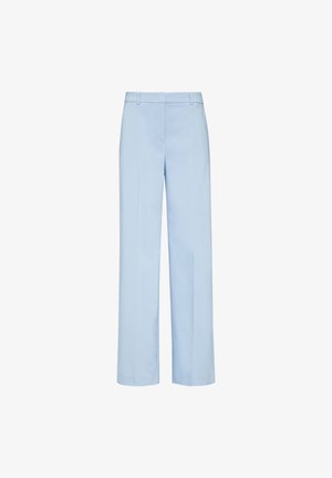 Light blue, wide-leg trousers made from smooth fabric, featuring a flat front, belt loops, and a tailored fit. No visible patterns or hardware.