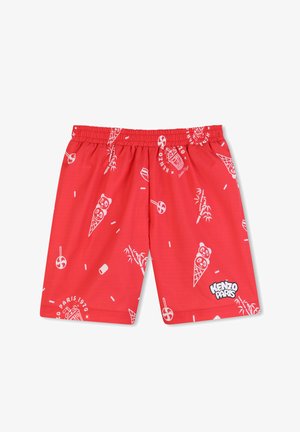 Shorts de bain rouges en tissu léger, ornés d'un imprimé blanc de cornets de glace, de bambou et de bonbons. Taille élastique et détail logo.