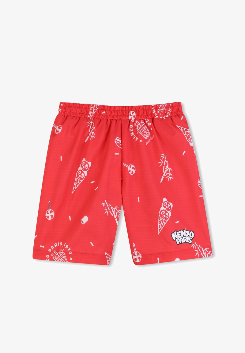 Shorts de bain rouges en tissu léger, ornés d'un imprimé blanc de cornets de glace, de bambou et de bonbons. Taille élastique et détail logo.