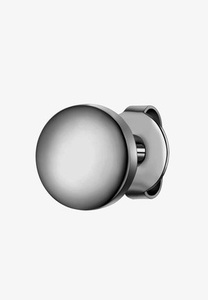 Rund metallisk dørknap med en børstet sølvfinish, glat overflade og fastgjort gennem en cylindrisk base.