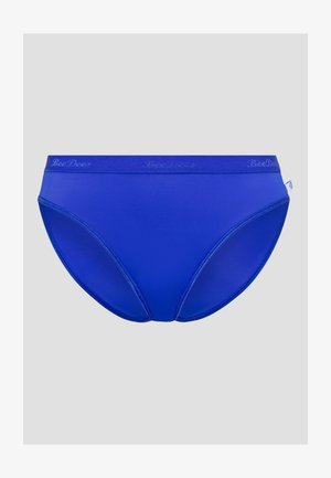 Blue cotton brief with smooth texture, elastic waistband featuring subtle logo, and classic cut. No additional patterns or accents.