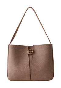 Braune strukturierte Leder-Schultertasche mit verstellbarem Tragegurt und goldener runder Verschlussklammer in der Mitte vorne.