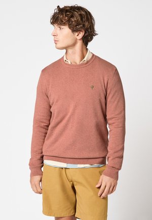 Jeune homme aux cheveux bouclés portant un pull rose poudré par-dessus une chemise beige à col et un short jaune moutarde, regardant vers sa gauche.