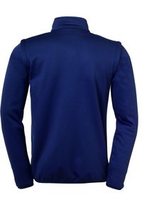 Mørkeblå fleecepullover med stående krave. Lange ærmer med glat tekstur, ingen synlige lukninger eller logoer.