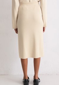 Jupe en tricot de longueur genou de couleur beige clair avec une taille cintrée. Texture lisse, coupe droite, portée avec des chaussures noires, vue de derrière.