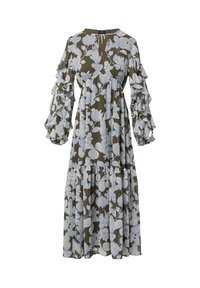 Blumenkleid im Maxistil in Olivgrün mit hellblauen Mustern, ausgestattet mit gerüschten Ärmeln und einem gerafften Bund, abgeschlossen mit einem gestuften Saum.