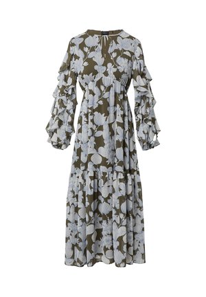 Õrn rohelise oliivi maxi kleit helesiniste mustritega, millel on volangkäised ja kogutud vöökoht, lõpetatud kihilise äärisega.